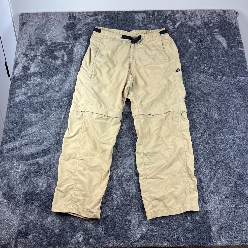 Vtg Patagonia Go II Zip Off Pants Beige Nylon Men's M Belted Cargo Zip Ankle